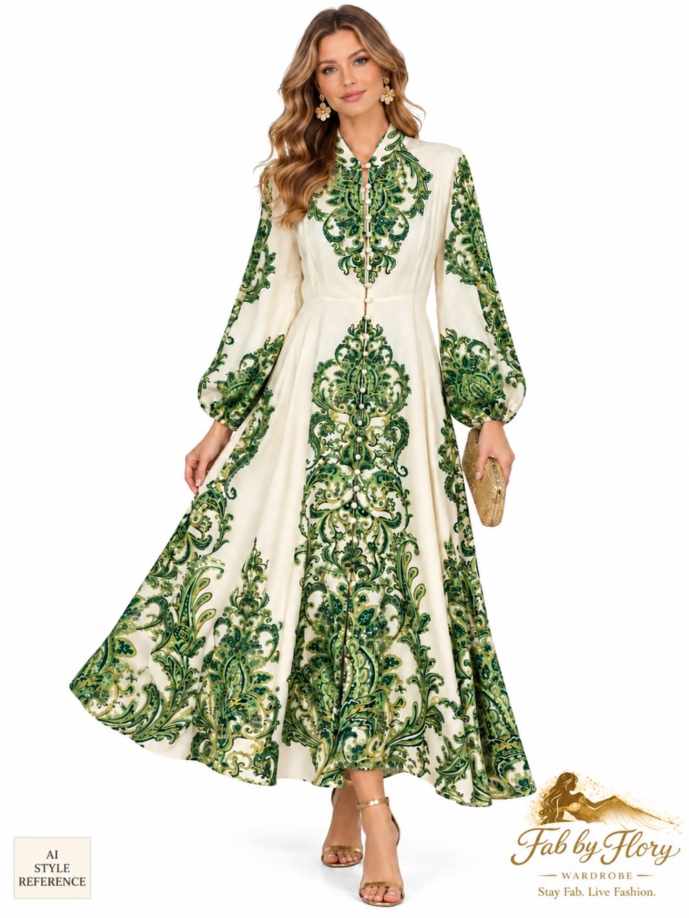 Karolina Ivory Green Paisley Button Front Maxi Dress Size Unknown Like New